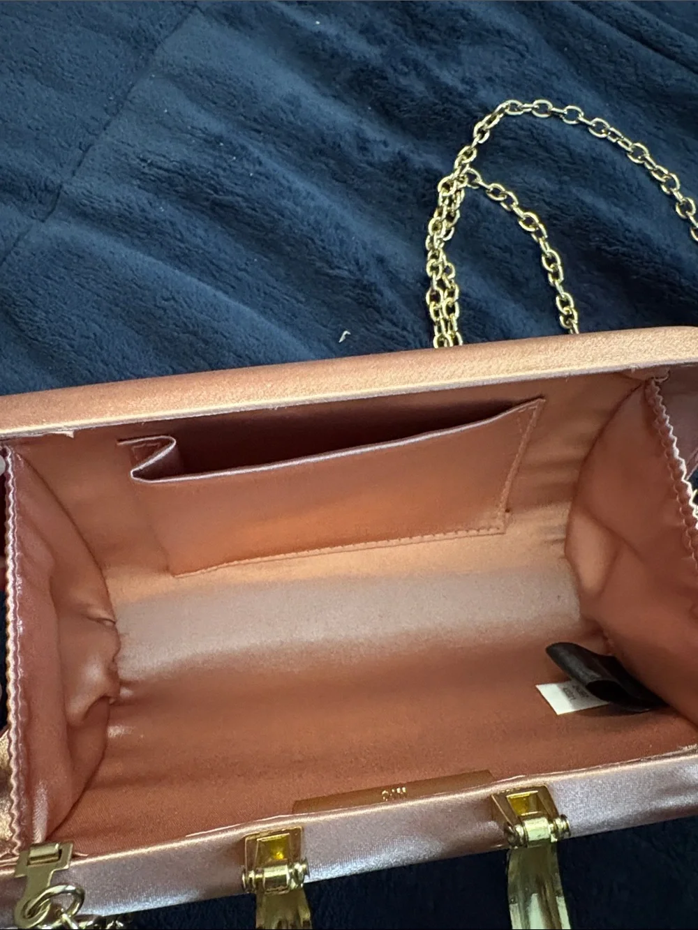 INC Rose Gold Satin Clutch with Crystal Horseshoe Accent
